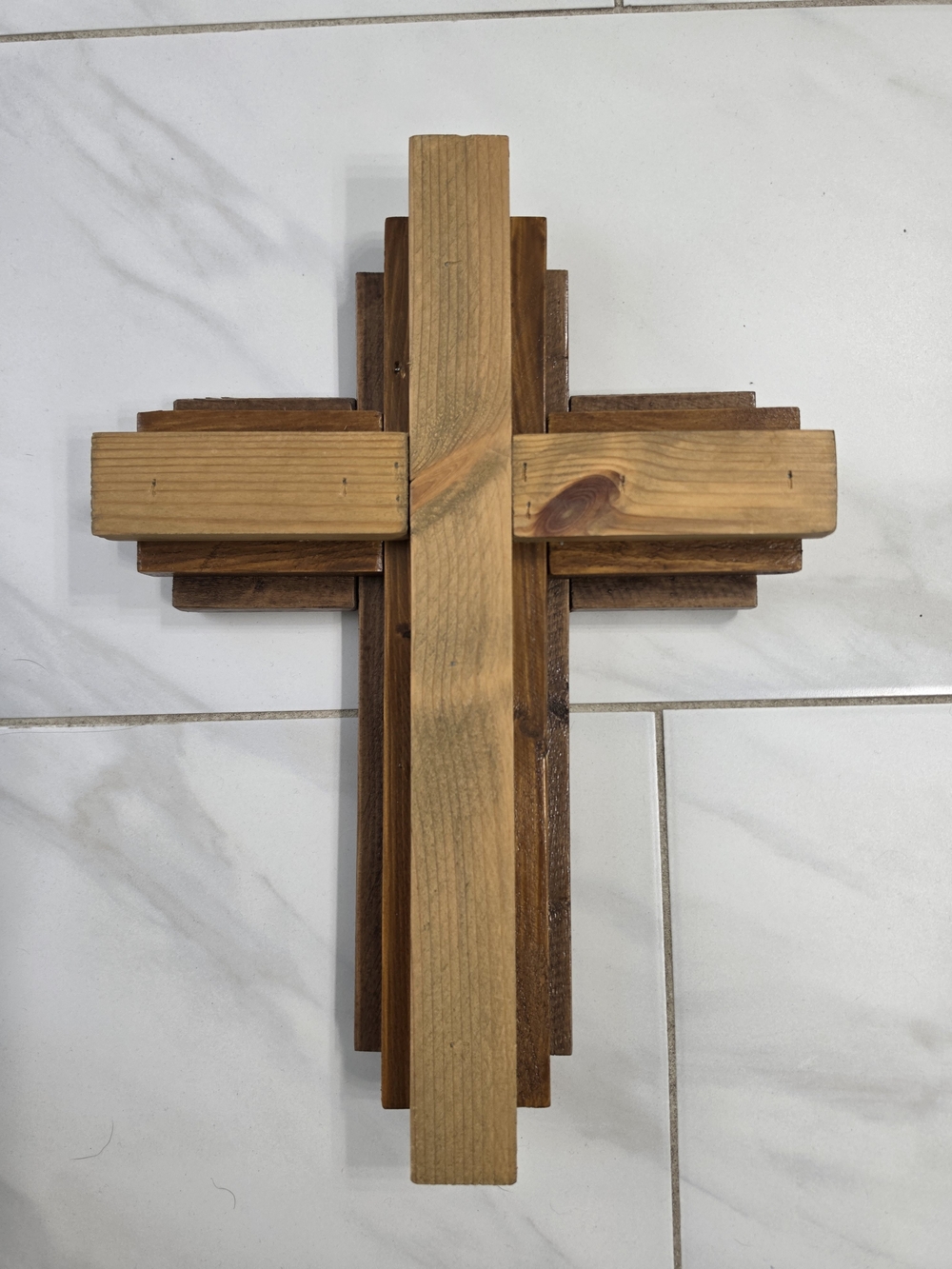 Layered Wooden Wall Cross - Natural Brown Finish